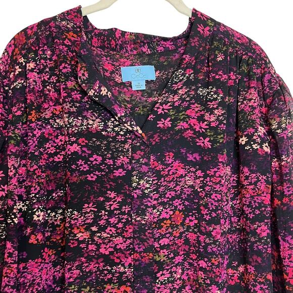 CeCe Womens Blouse Size 3X Black Pink Dark Floral Print Chiffon Long Sleeve - Picture 2 of 7